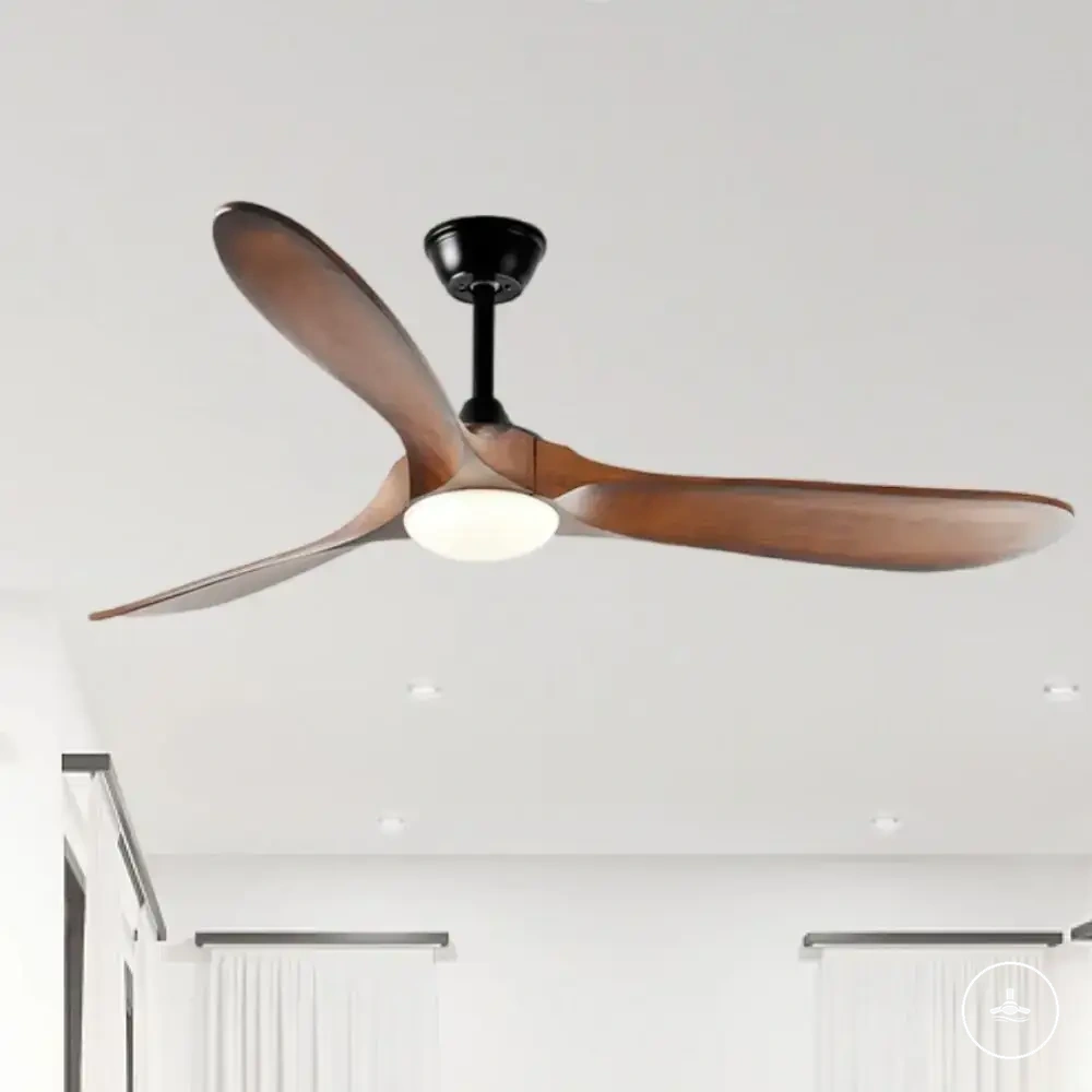 Large wood blade ceiling fan with lighting, remote control, and DC motor