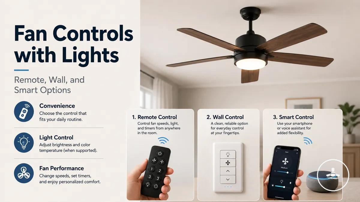 Ceiling fan with light shown with remote control, wall control, and smart control options