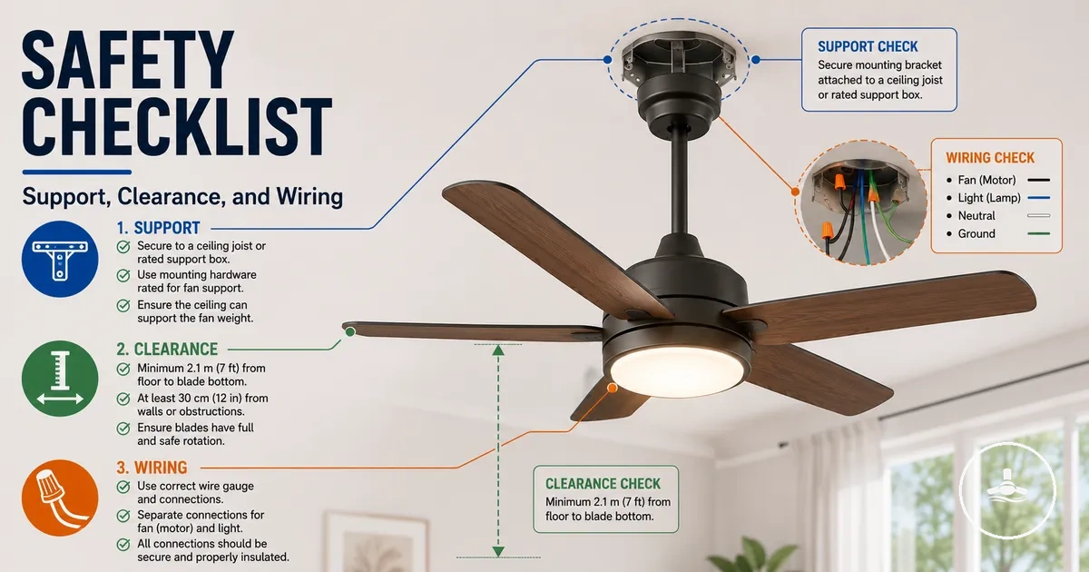 Ceiling fan with light safety checklist showing ceiling support, blade clearance, and wiring points