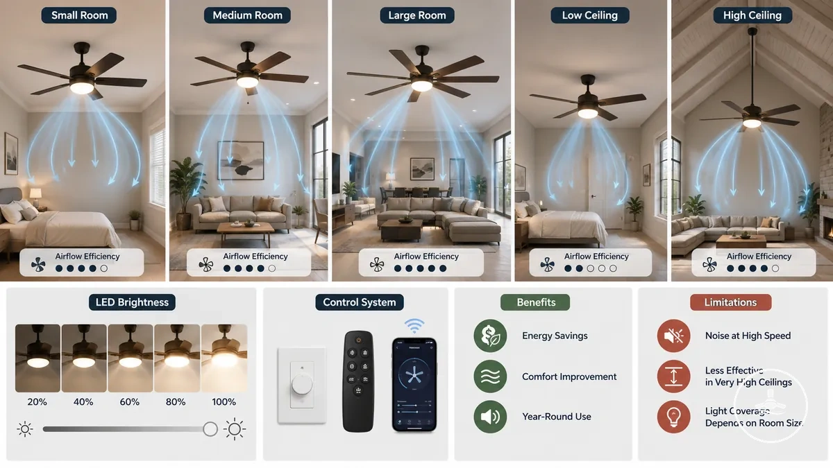 Ceiling fans with lights showing room size variations, ceiling heights, lighting effects, and airflow patterns