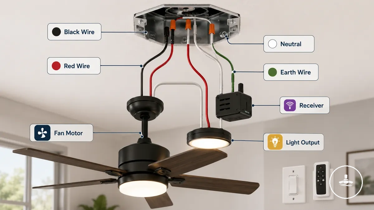 Conceptual ceiling fan wiring colour labels; Australian fixed-wiring colours must be identified by role, not assumed from the diagram