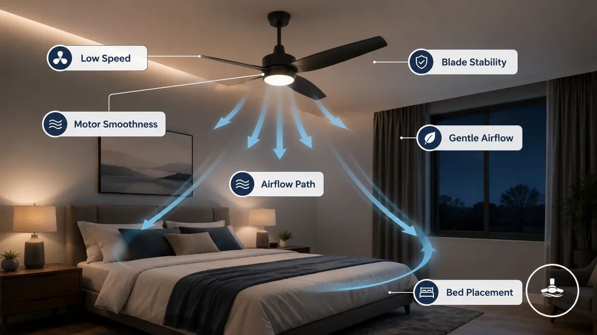 Bedroom ceiling fan with light showing gentle airflow direction for sleep