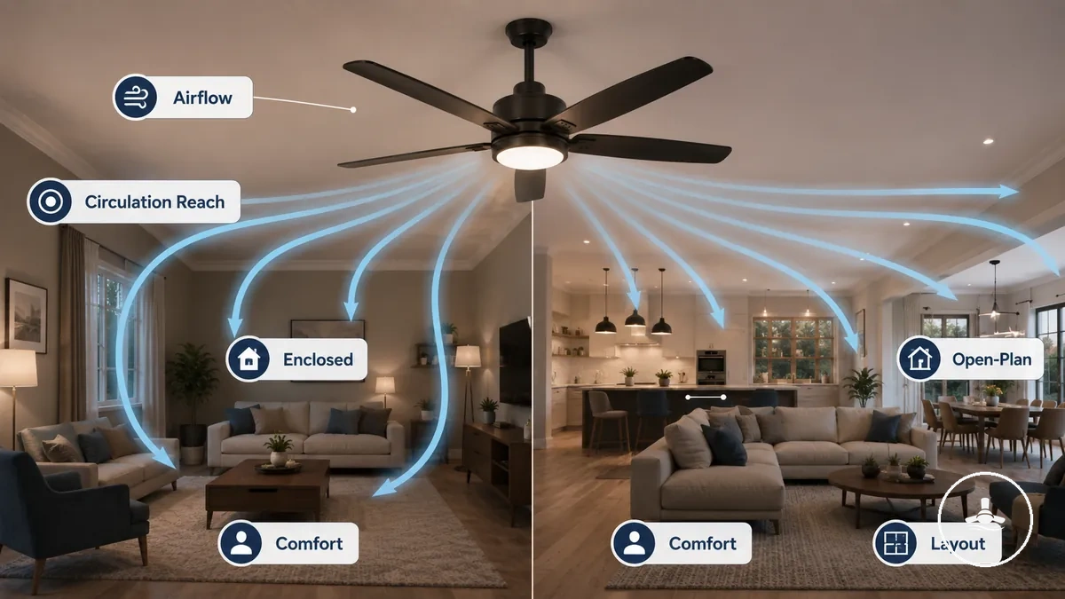 Illustration comparing airflow distribution in enclosed and open-plan living room layouts