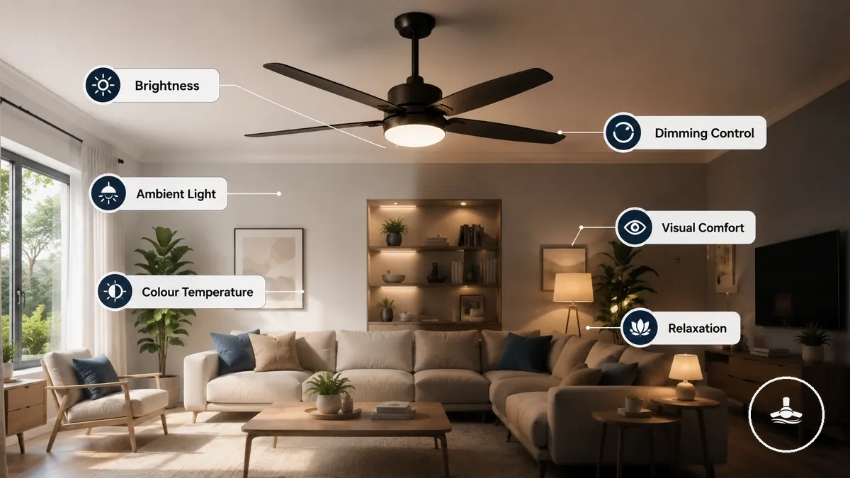 Illustration showing integrated lighting, brightness level, colour temperature, and dimming control in a living room