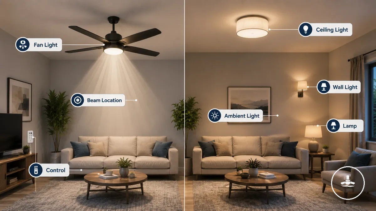 Comparison of fan-mounted lighting and separate room lighting in the same room