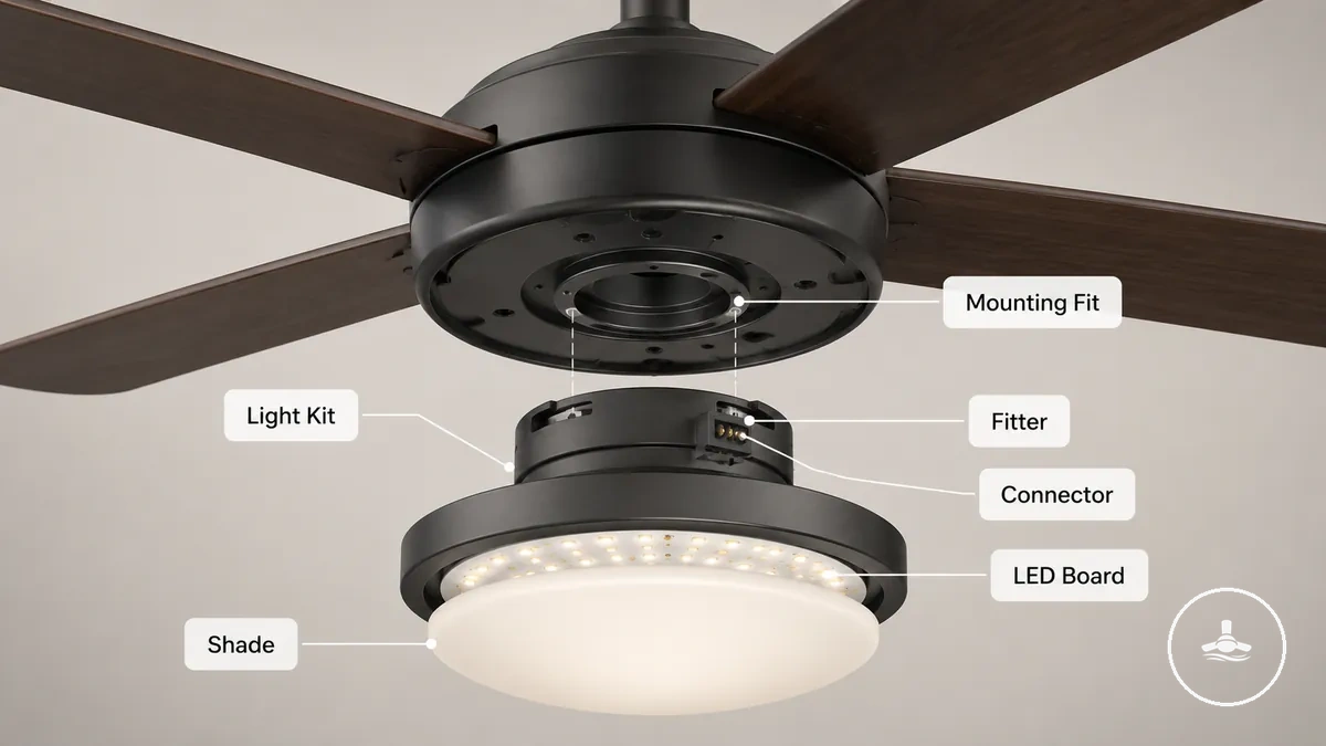 Separate ceiling fan light kit with shade, connector, and mounting area labeled
