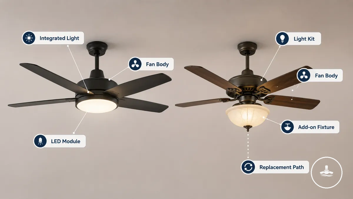 Ceiling fan diagram labeling an integrated LED light and a separate light kit
