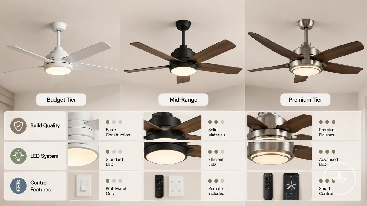 Comparison of ceiling fan with light pricing tiers by features and build quality