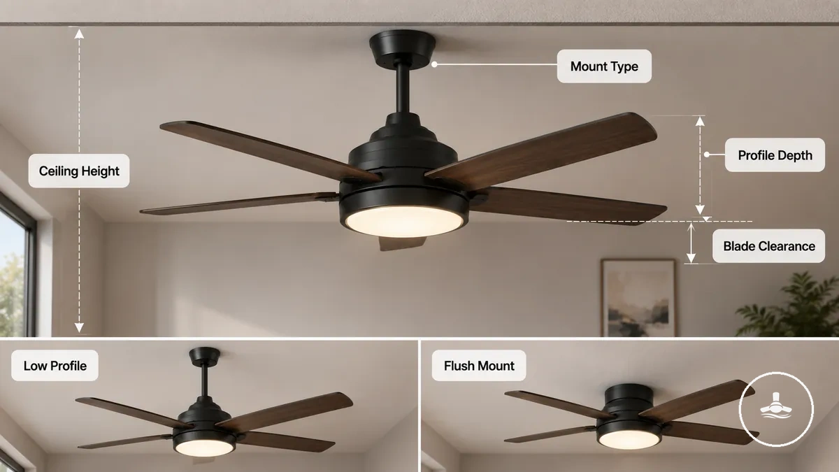 Ceiling fan with light showing mounting clearance, profile depth and blade clearance