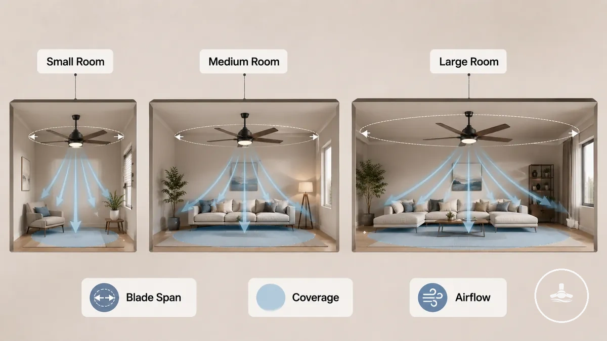 Ceiling fan with light blade span shown against small, medium and large room sizes