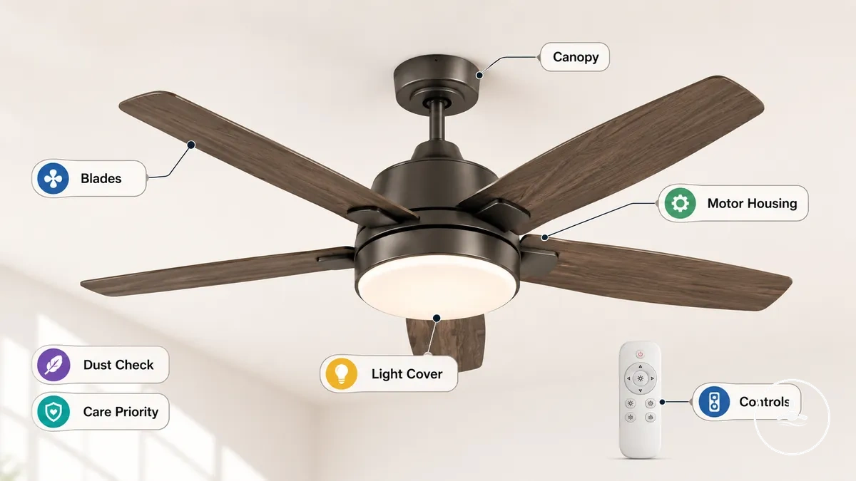 Labelled ceiling fan with light showing blades, light cover, motor housing, and controls for cleaning care