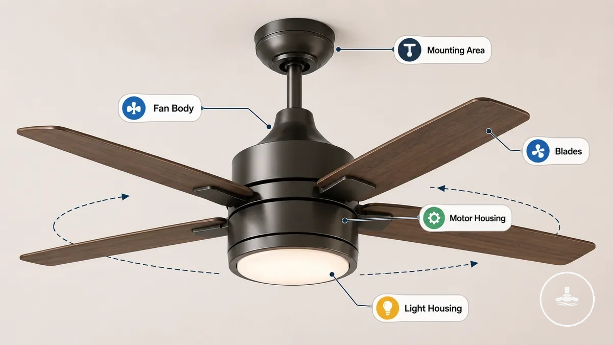 Fan Body, Blades, Motor Housing, and Light Housing shown with labeled ceiling fan light parts