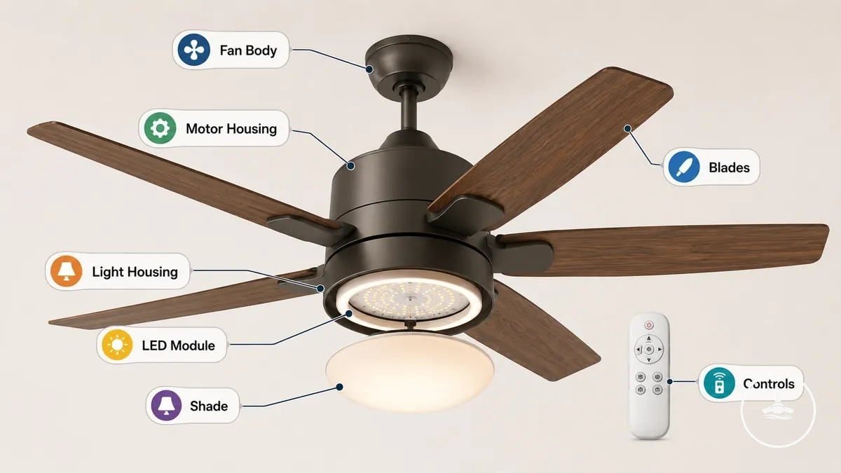 What Ceiling Fans with Lights Include shown with labeled ceiling fan light parts
