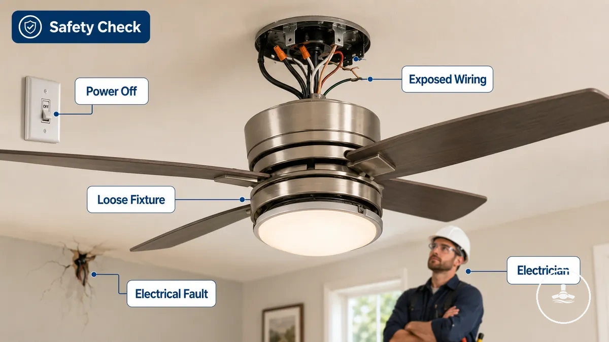 Safety inspection of a ceiling fan light showing wiring and fixture checks