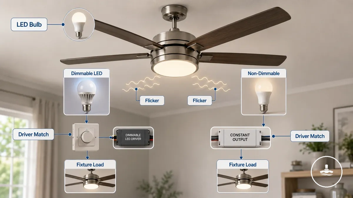 LED compatibility diagram explaining ceiling fan light flickering