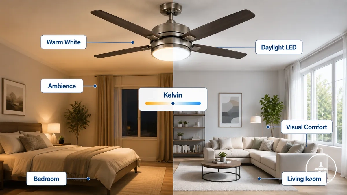 Colour temperature options in LED ceiling fan lights from warm white to daylight