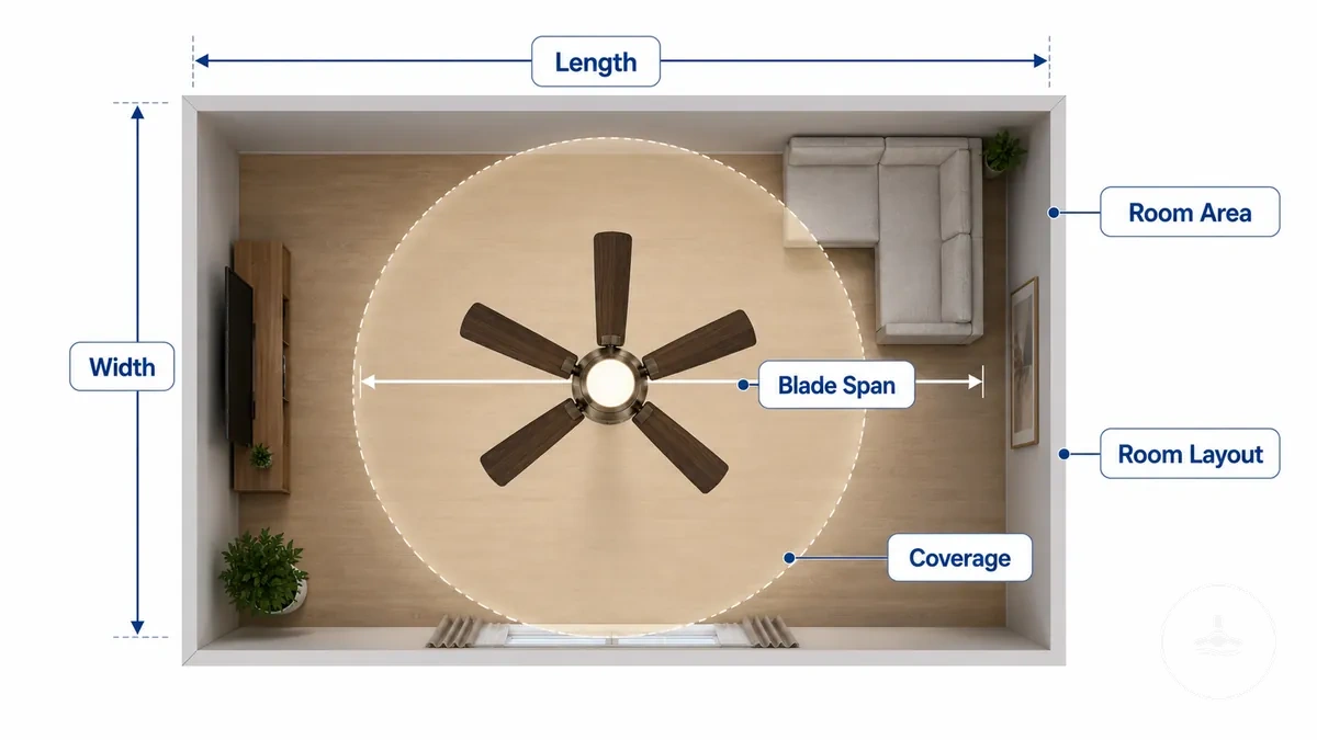 Room area guiding blade span selection for ceiling fan sizing
