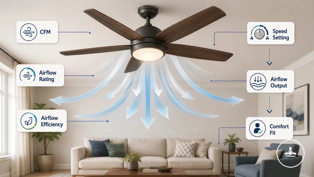 Illustration explaining CFM rating and airflow efficiency for a ceiling fan with light