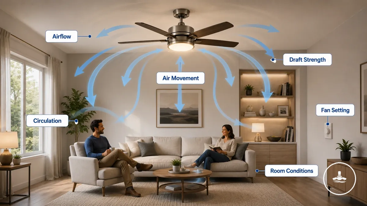 Diagram showing airflow from a ceiling fan with light and how air movement affects room comfort