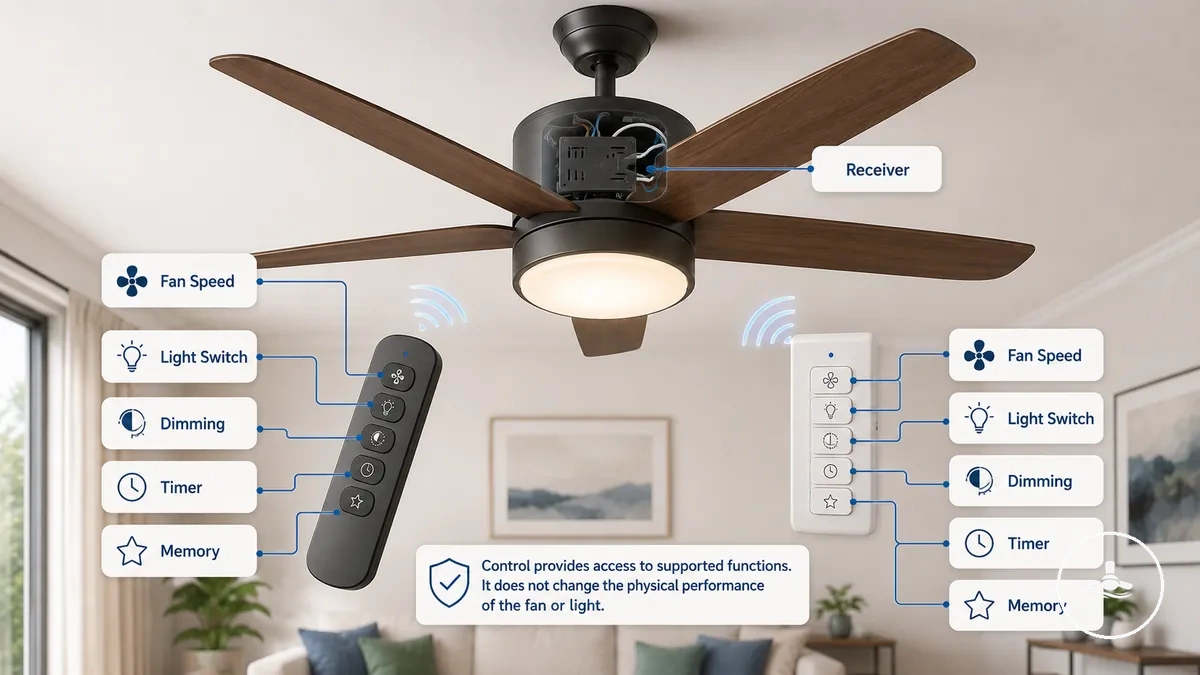 Diagram showing how ceiling fan controls connect to fan speed, light switching, and dimming functions