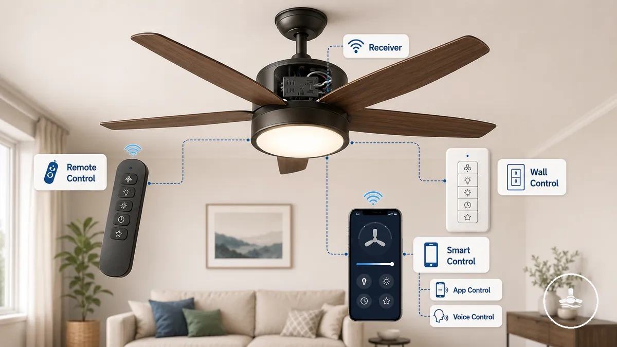 Comparison graphic of remote, wall, and smart control types for a ceiling fan with light