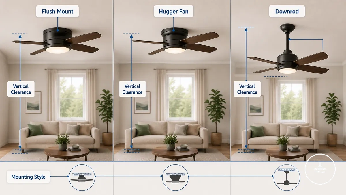 Comparison of flush mount, hugger, and downrod ceiling fan mounting styles