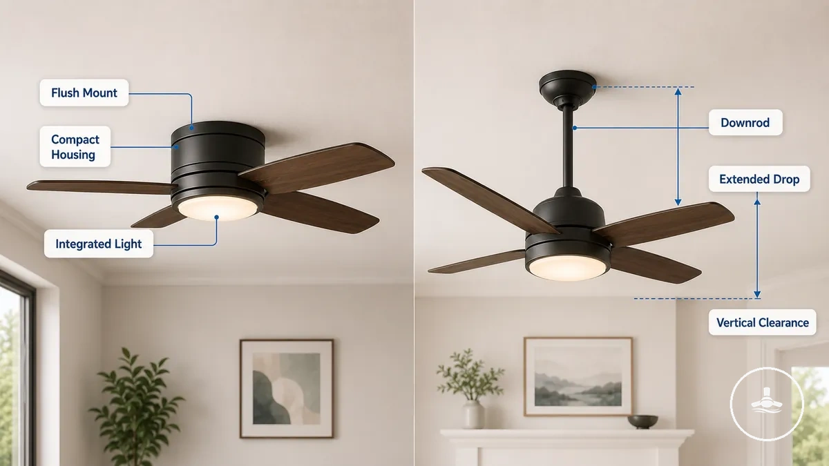 Low profile ceiling fan with integrated lighting mounted close to the ceiling