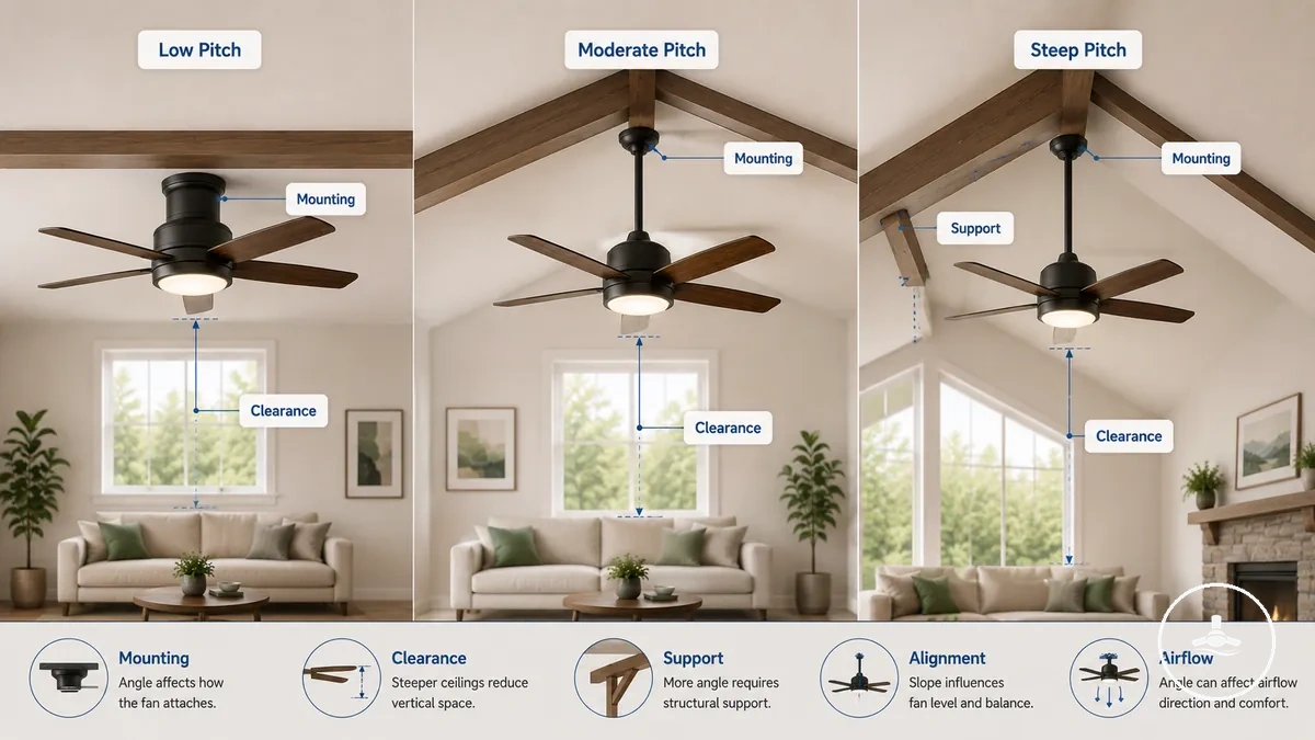 Comparison of low, moderate, and steep ceiling pitches affecting ceiling fan compatibility