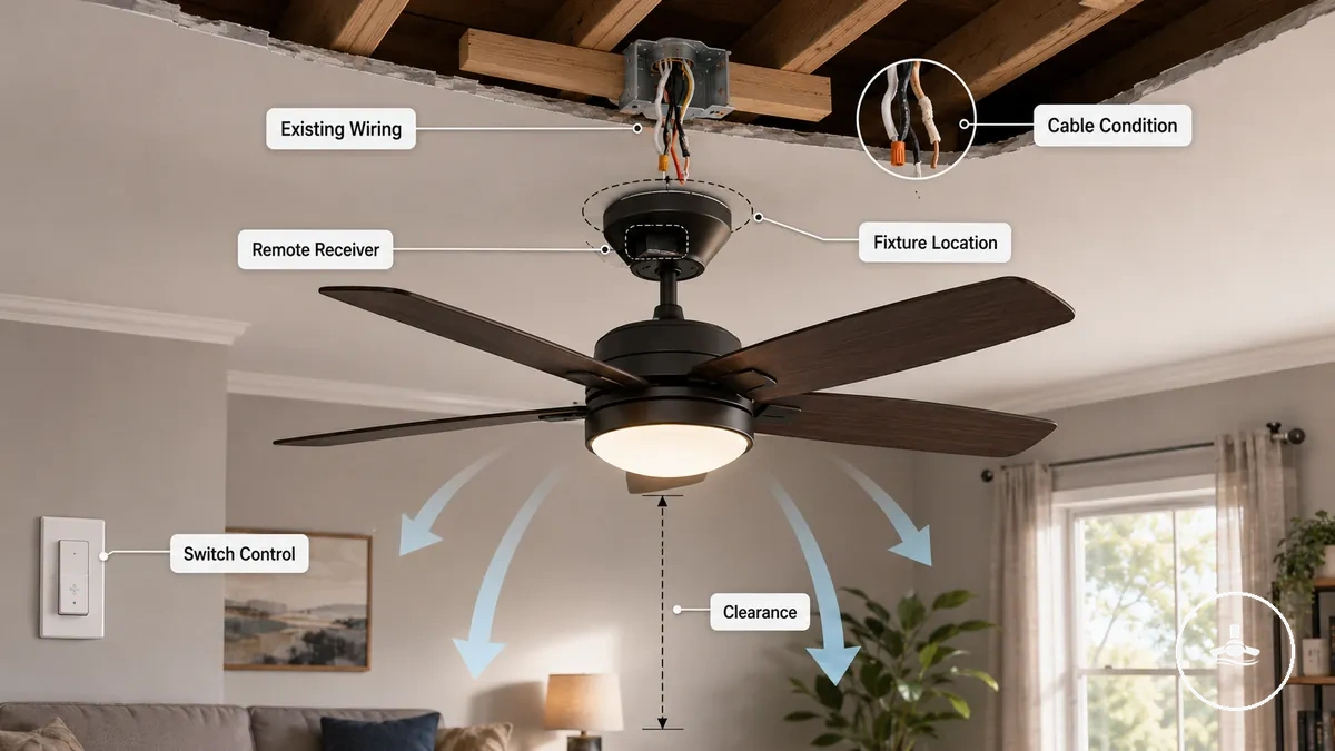 Existing wiring, switch control, and fixture location considerations for a ceiling fan with light