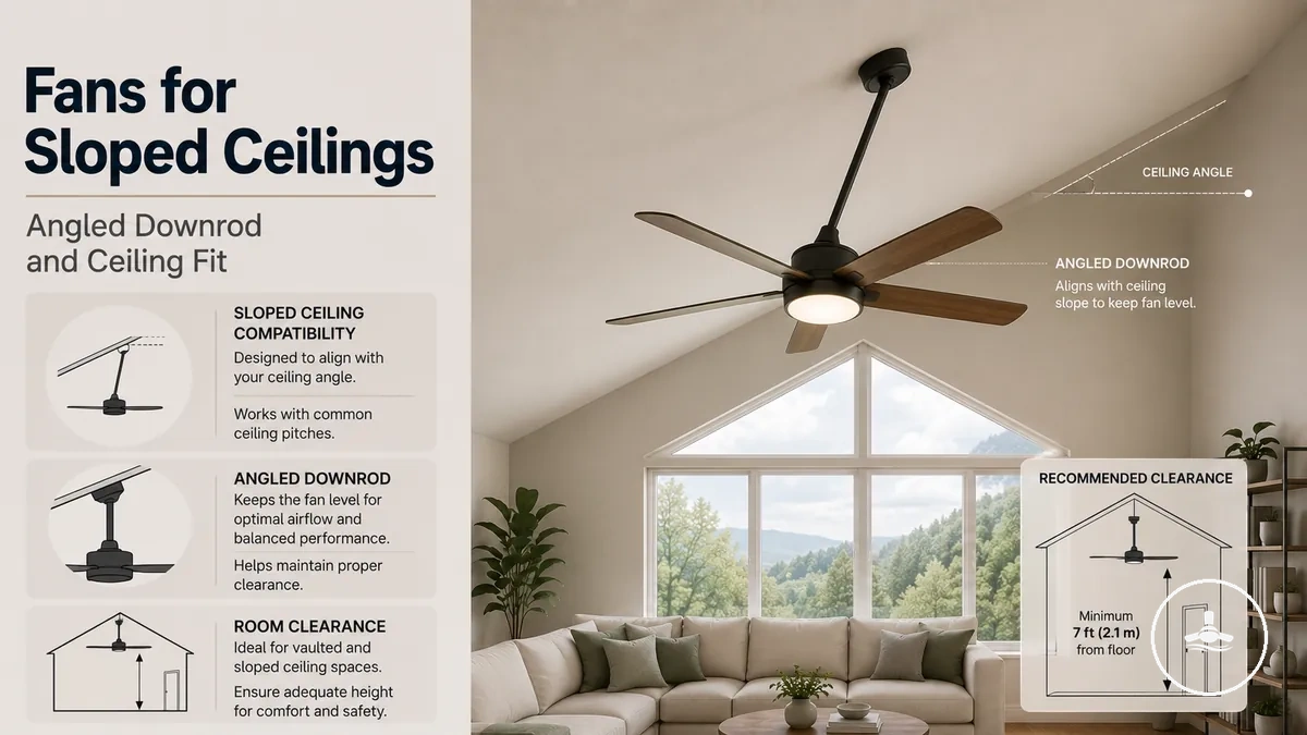 Ceiling fan with light mounted on a sloped or vaulted ceiling with an angled downrod
