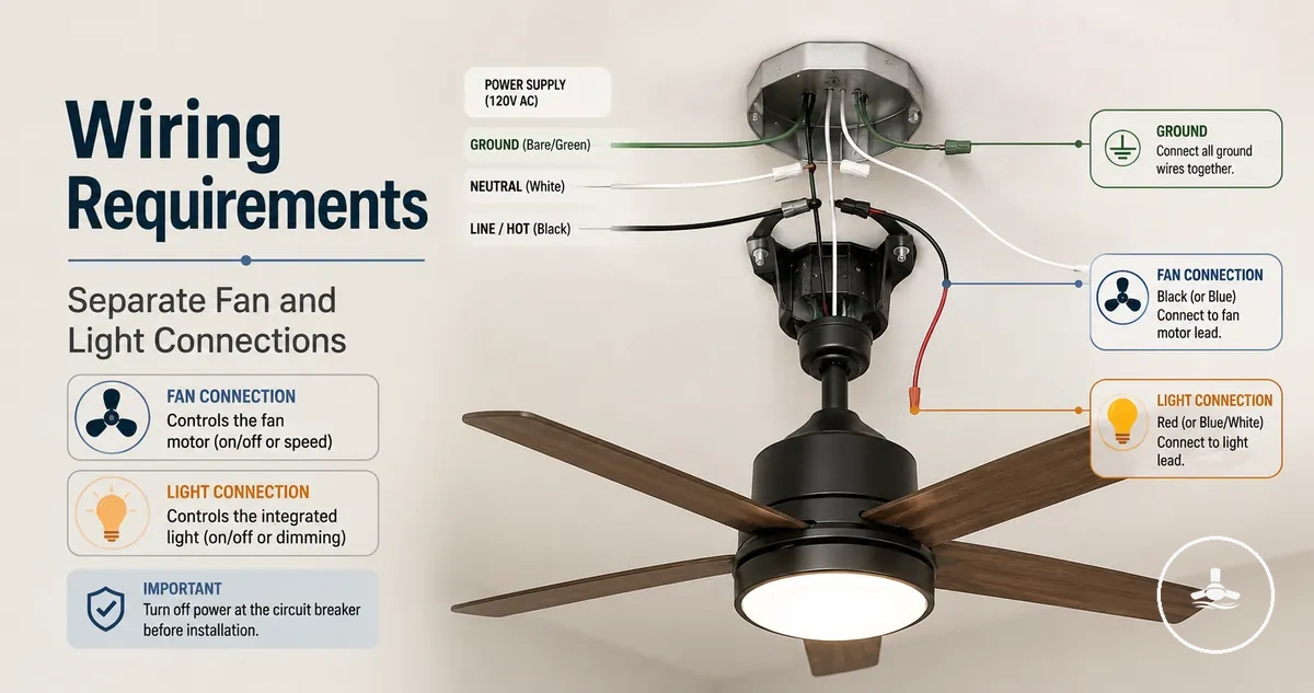 Ceiling fan with light wiring layout showing separate fan and light connections