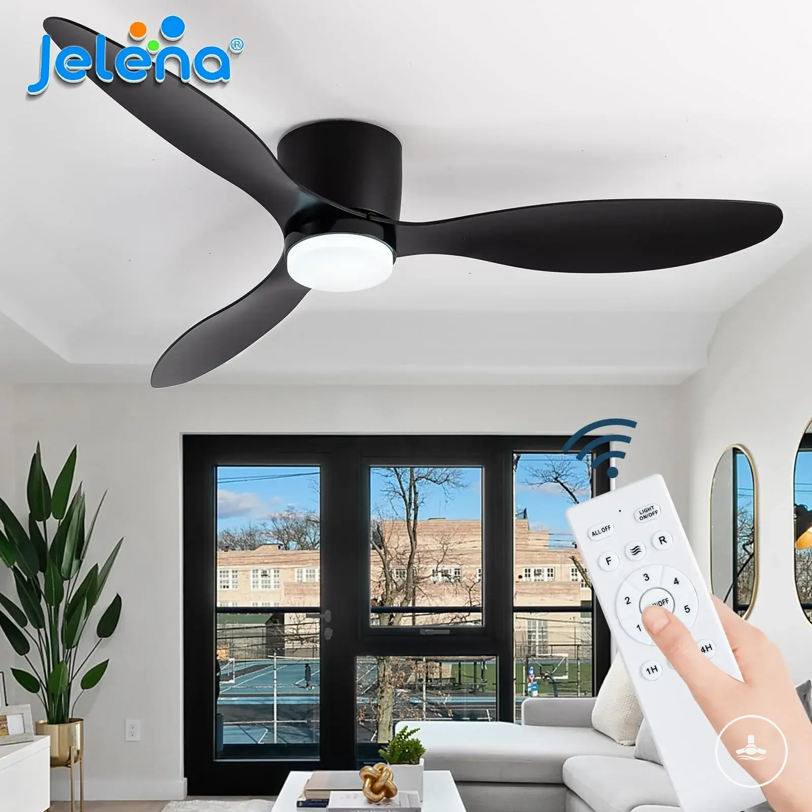 Ventilador de techo grande con luz LED, mando a distancia, función reversible y seis velocidades