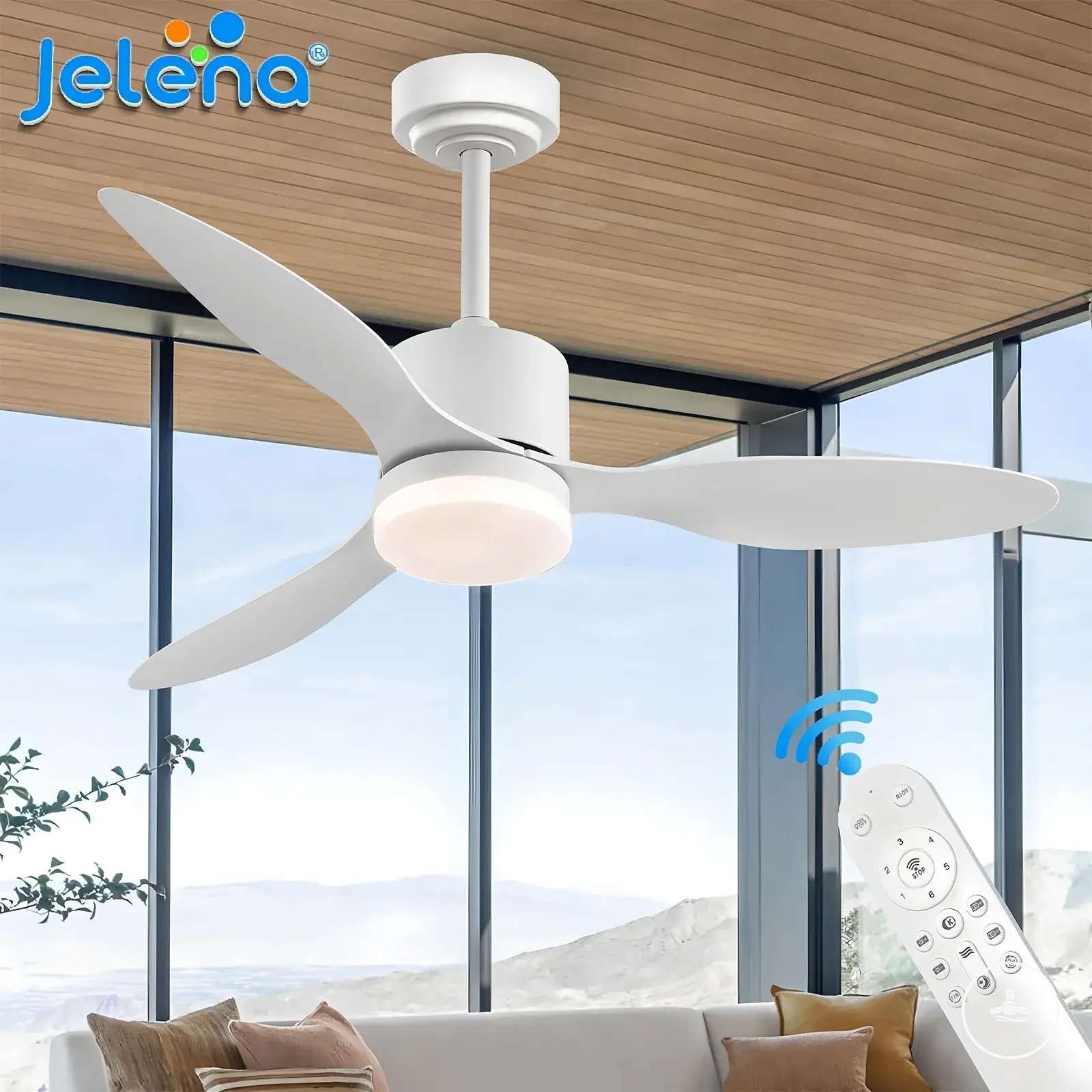 Ventilador de techo bajo con luz, control por app, mando a distancia y alta potencia de aire