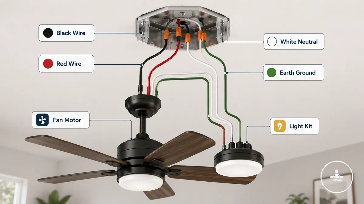 cables negro, rojo, blanco y tierra etiquetados en un ejemplo de conexión de luz de ventilador de techo