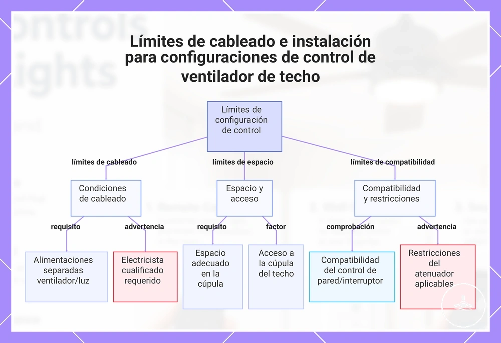 Límites de cableado e instalación para configuraciones de control de ventilador de techo