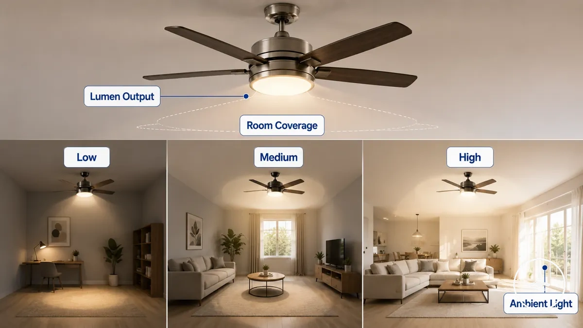 Niveles de brillo y salida de lúmenes en luces LED para ventiladores de techo
