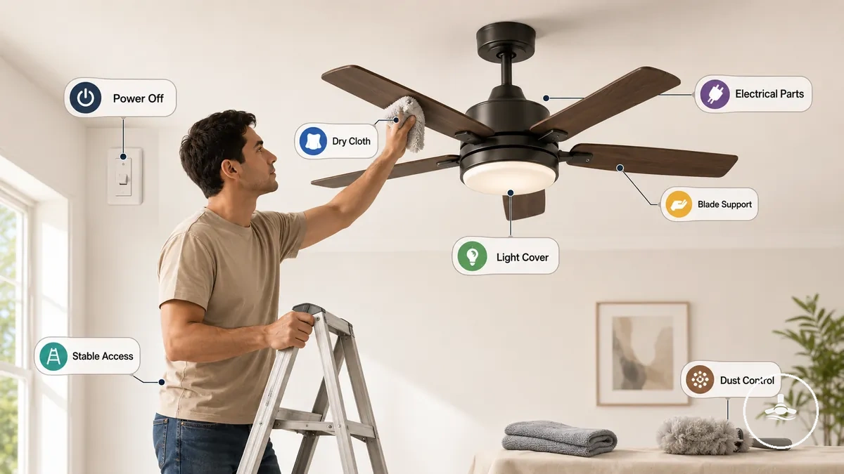 Preparación segura para limpiar un ventilador de techo con luz usando un plumero seco y acceso estable
