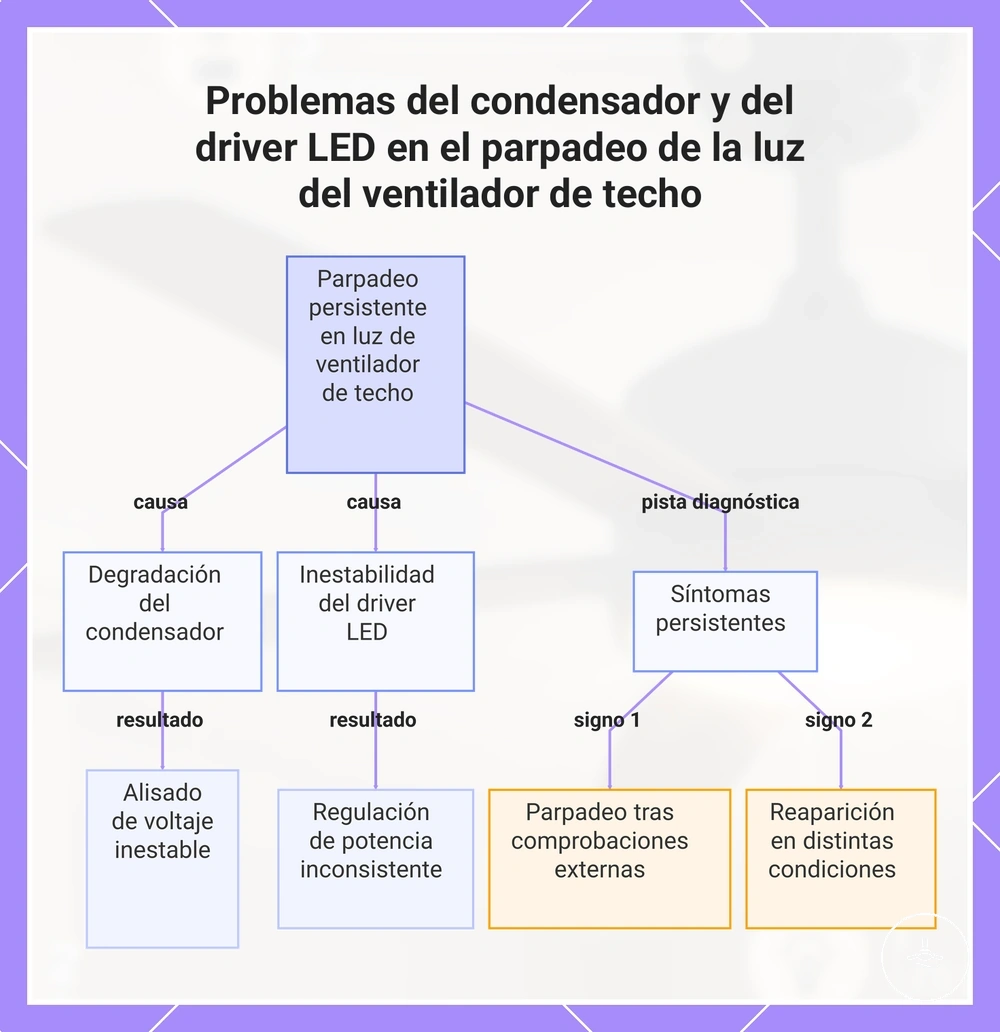 Problemas del condensador y del driver LED en el parpadeo de la luz del ventilador de techo