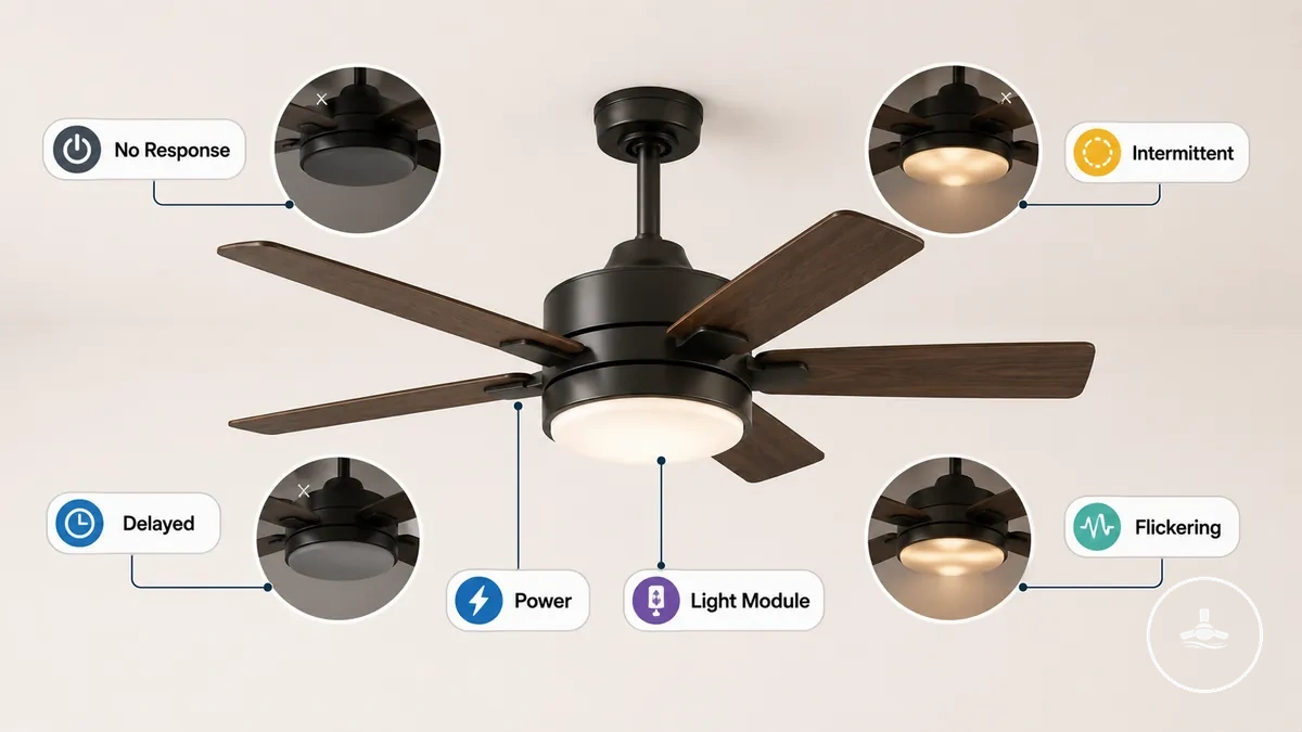 Síntomas comunes de la luz del ventilador de techo, incluidos falta de respuesta, parpadeo, activación retardada e iluminación intermitente
