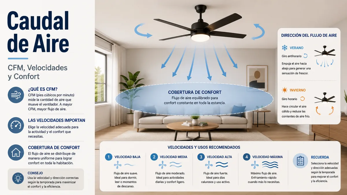 Ventilador de techo con luz con dirección del caudal de aire, ajustes de velocidad y cobertura de confort