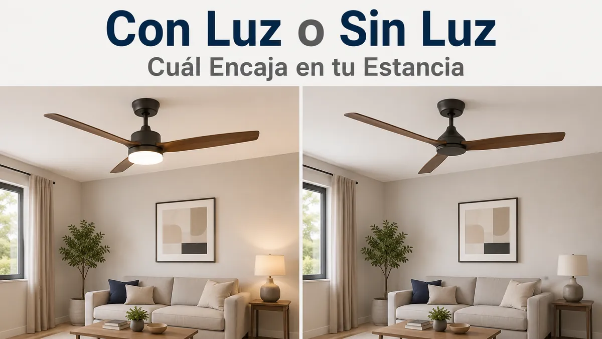 Comparación lado a lado de un ventilador de techo con luz y otro sin luz en estancias similares