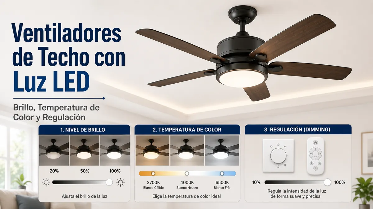 Ventilador de techo con luz LED con opciones de brillo, temperatura de color y regulación
