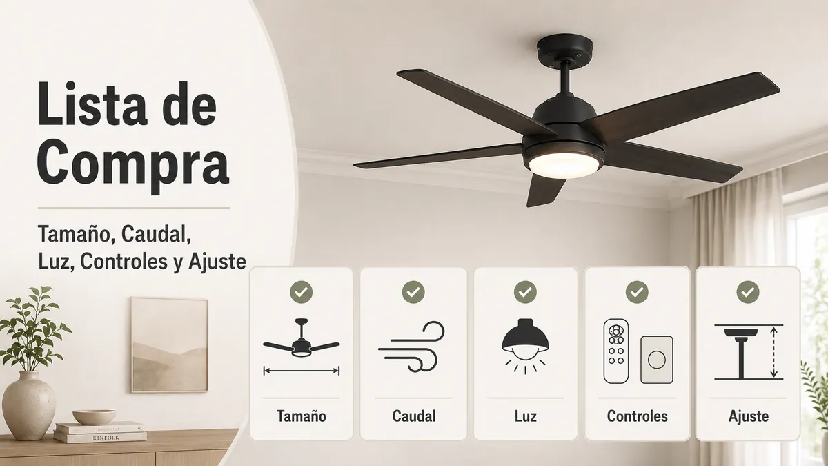Lista de compra para ventiladores de techo con luz con tamaño, caudal, iluminación, controles y ajuste al techo