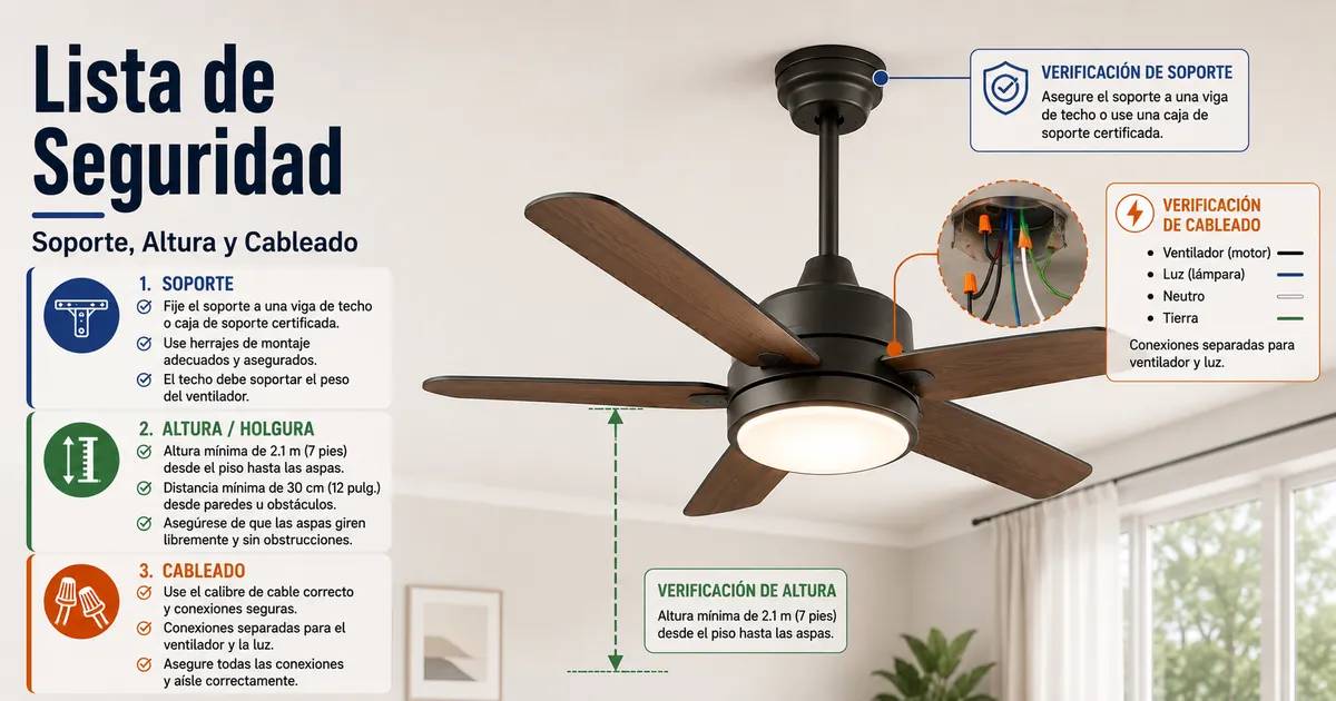 Lista de seguridad de un ventilador de techo con luz con soporte del techo, altura libre de las aspas y puntos de cableado