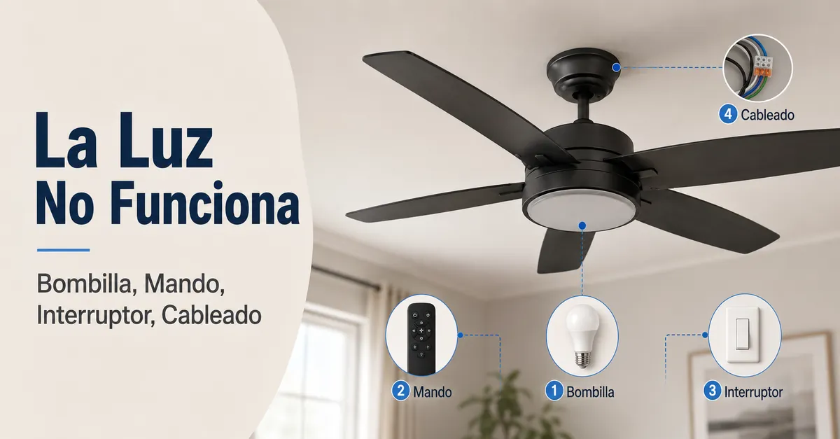 Ventilador de techo con luz que no funciona con puntos de revisión en bombilla, mando, interruptor de pared y cableado