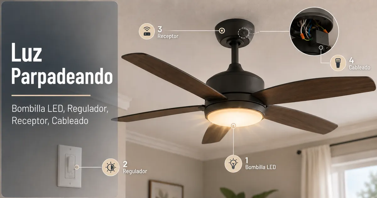 Luz de ventilador de techo parpadeando con revisión de bombilla LED, regulador, receptor del mando y cableado