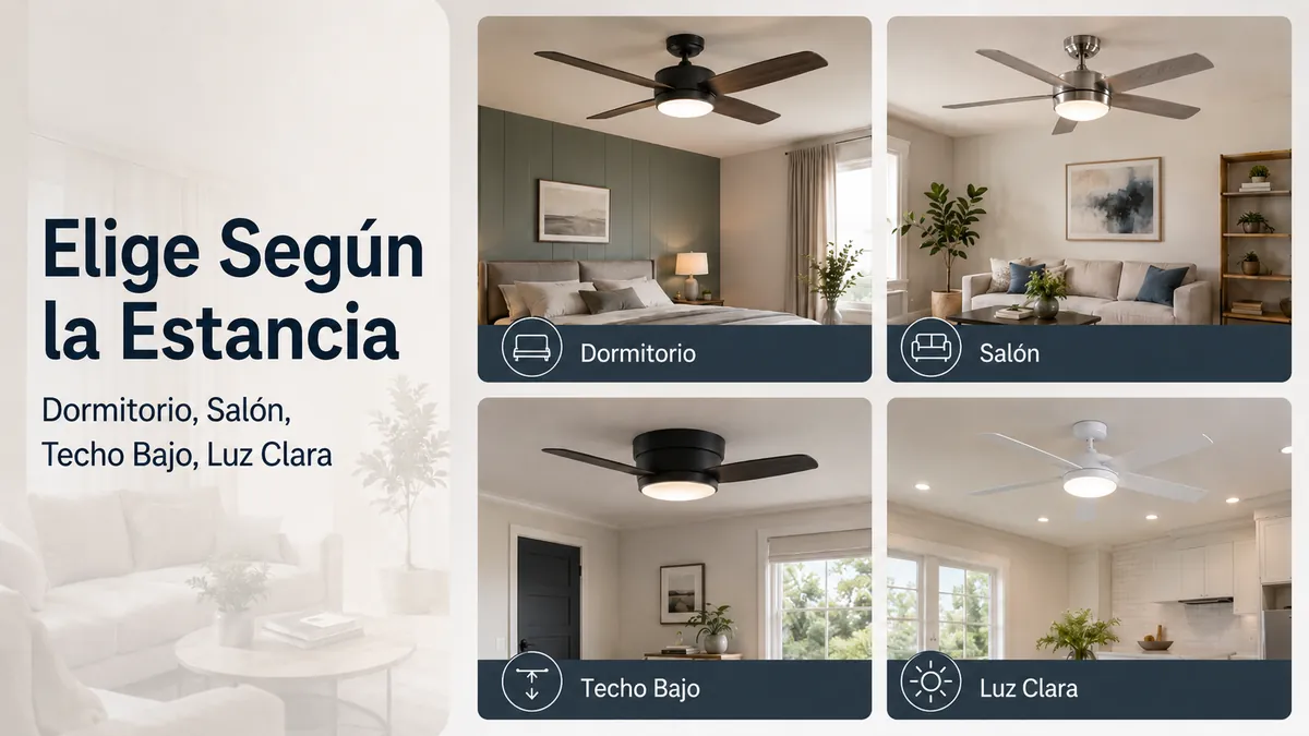 Ventiladores de techo con luz agrupados por necesidades de dormitorio, salón, techo bajo e iluminación clara