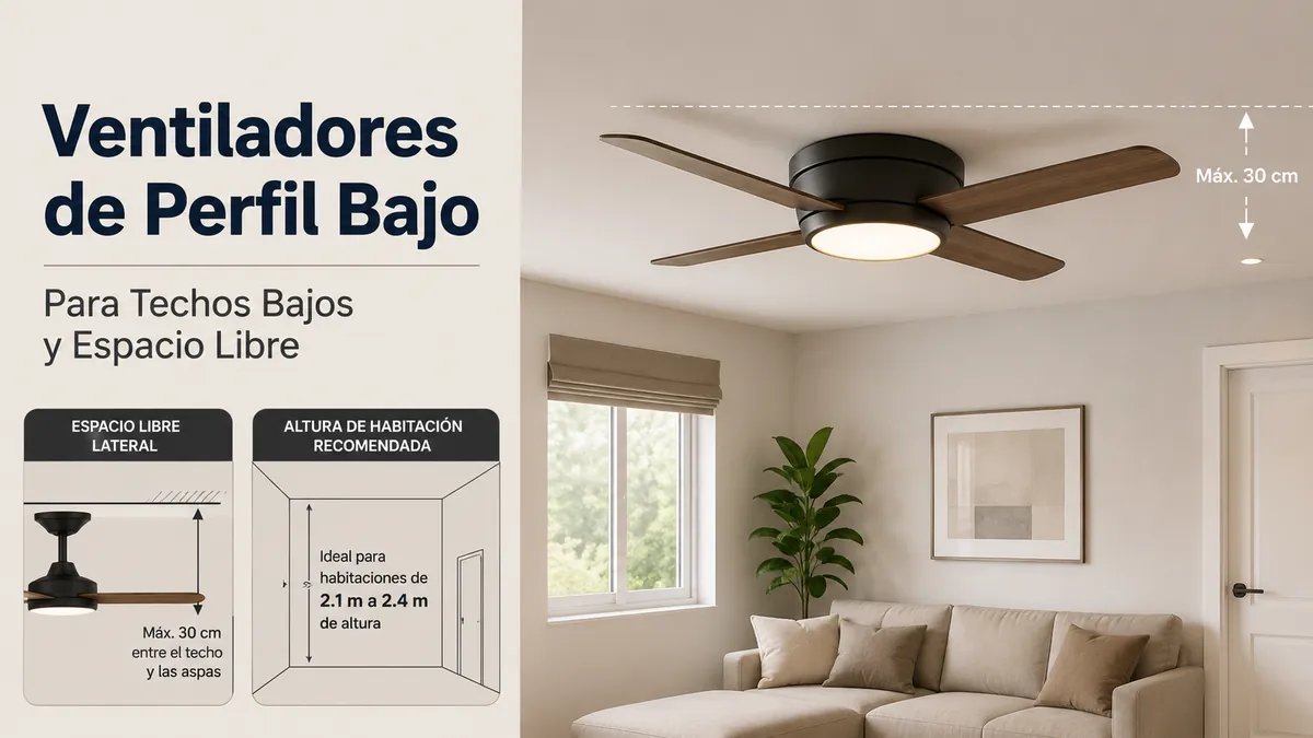 Ventilador de techo con luz de perfil bajo instalado cerca de un techo bajo con espacio libre visible