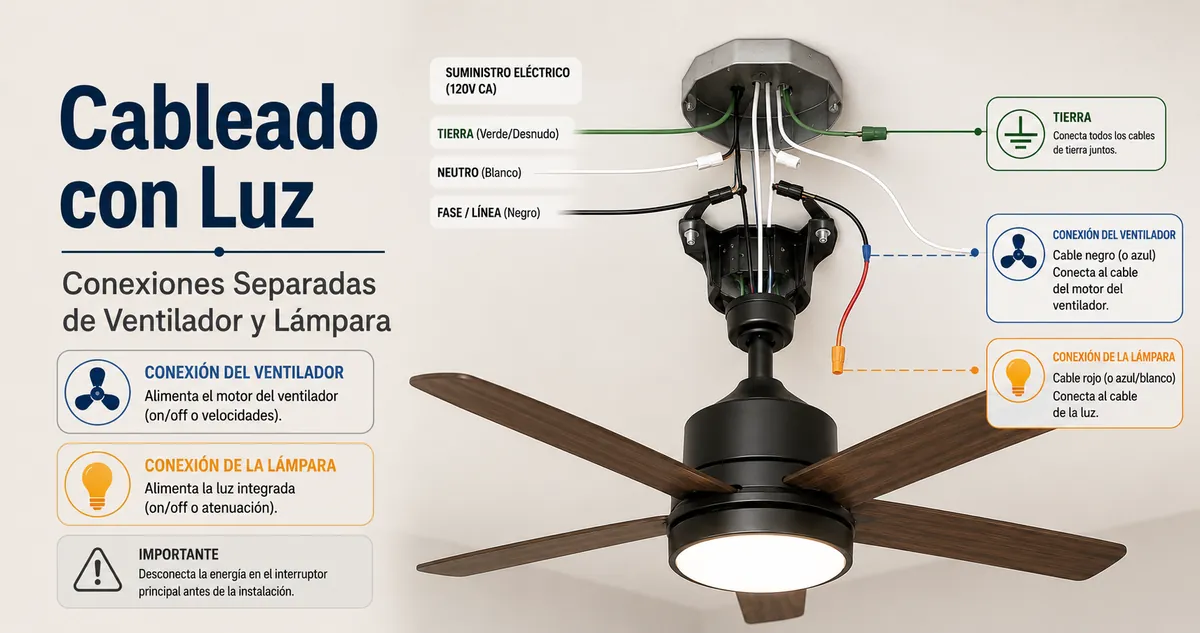 Esquema de cableado de un ventilador de techo con luz con conexiones separadas para ventilador y lámpara