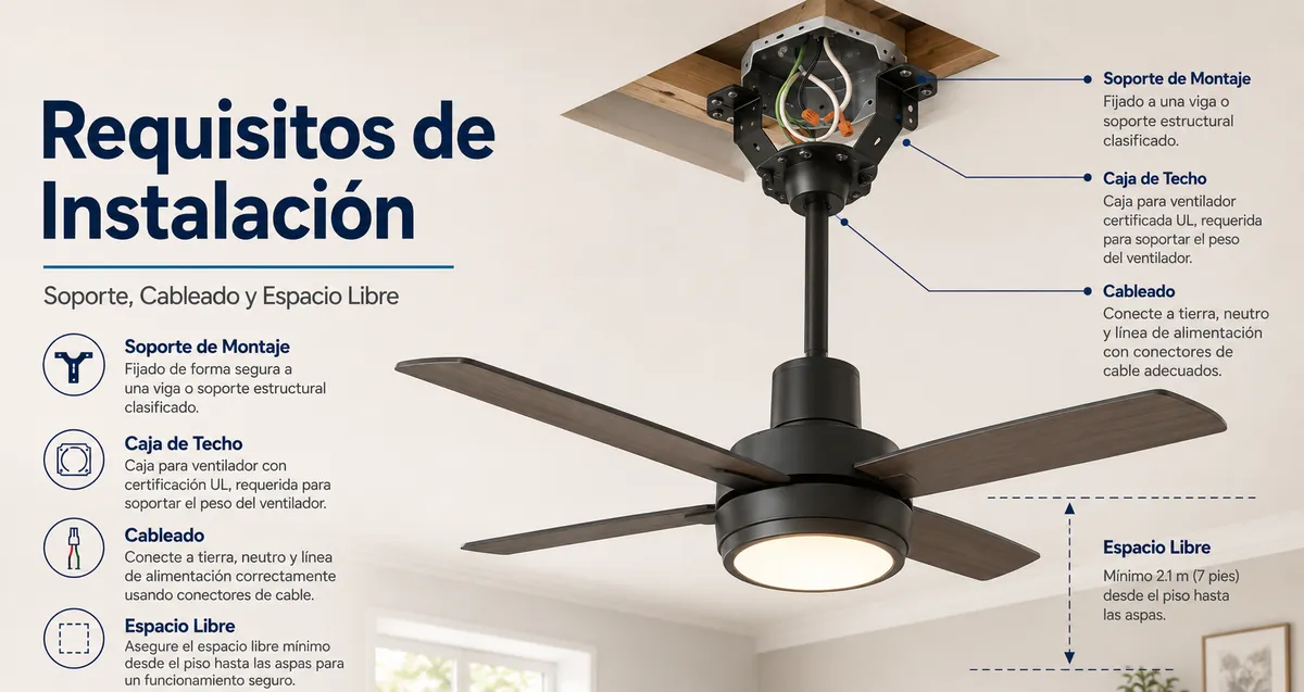 Instalación de un ventilador de techo con luz con soporte de montaje, caja de techo, cableado y distancia libre